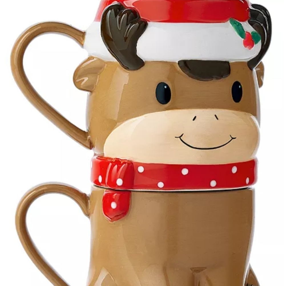 FUN And FESTIVE Brown and Red Sock REINDEER Stackable Mug NWT